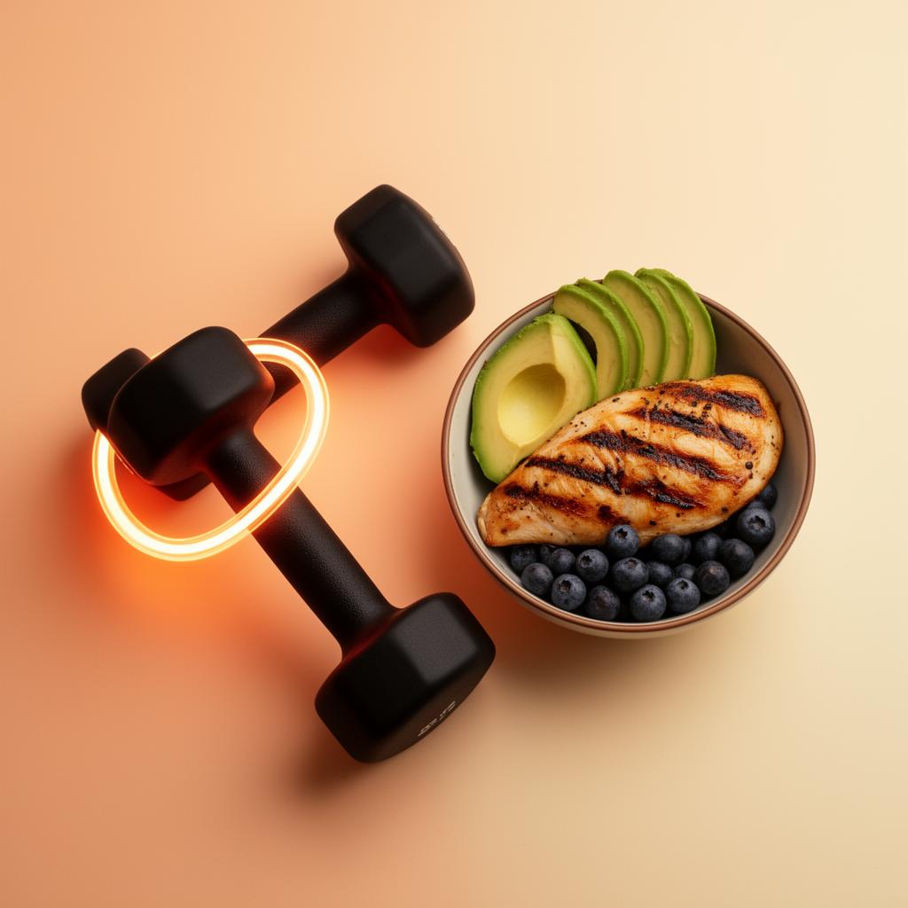 Treino com IA — halteres e refeição balanceada